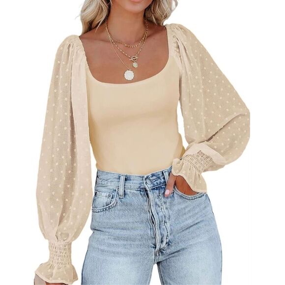 NEW Puff Bodysuit Off Shoulder Leotard Sheer Polka Dot Sleeve S - Picture 1 of 5